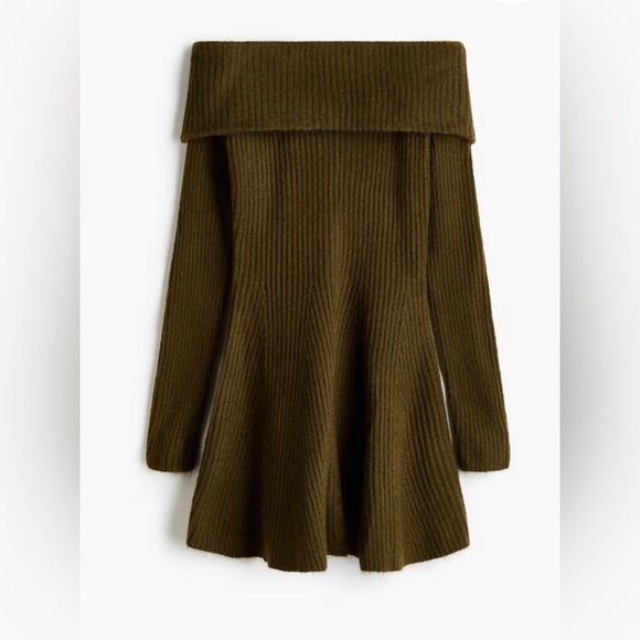 H&M•RIB-KNIT OFF-THE-SHOULDER DRESS•Size S•Khaki Green•NWT - Picture 3 of 6